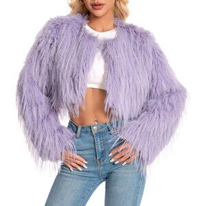Women's Faux Fur Coat Purple Grey Slim Cropped Fuzzy Fluffy Fall Winter Jacket